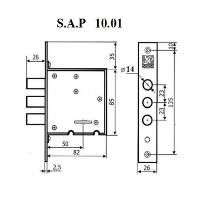 Корпус замка доп. 3 ригеля(14мм) сувальдный 5 длинных ключей 10.01 SAP
