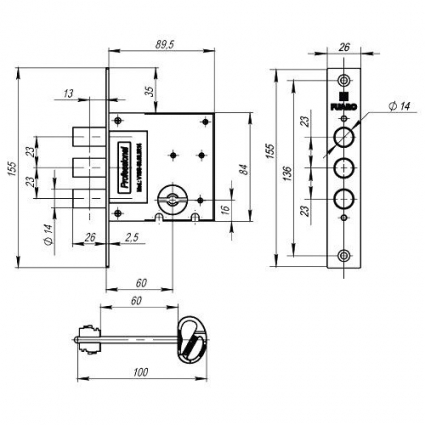 Корпус замка доп. 3 рігеля ключ сувальдний  MDV10/S-60.00.3R14 5 ключ FUARO