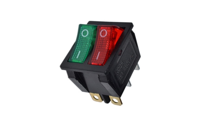 Переключатель-кнопка 2-х клавишный квадрат средний зеленая и красная клавиши  6к KCD3-606 (13-7)